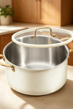White three-layer soup pot with even heating